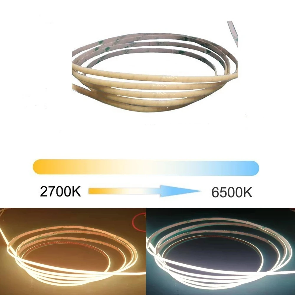 5mm CCT COB LED Strip 600 Led/m 12V 24V  2700~·6500K Three Color Temperature Dimmable CRI 90 Super Thin FOB LED Tape Light