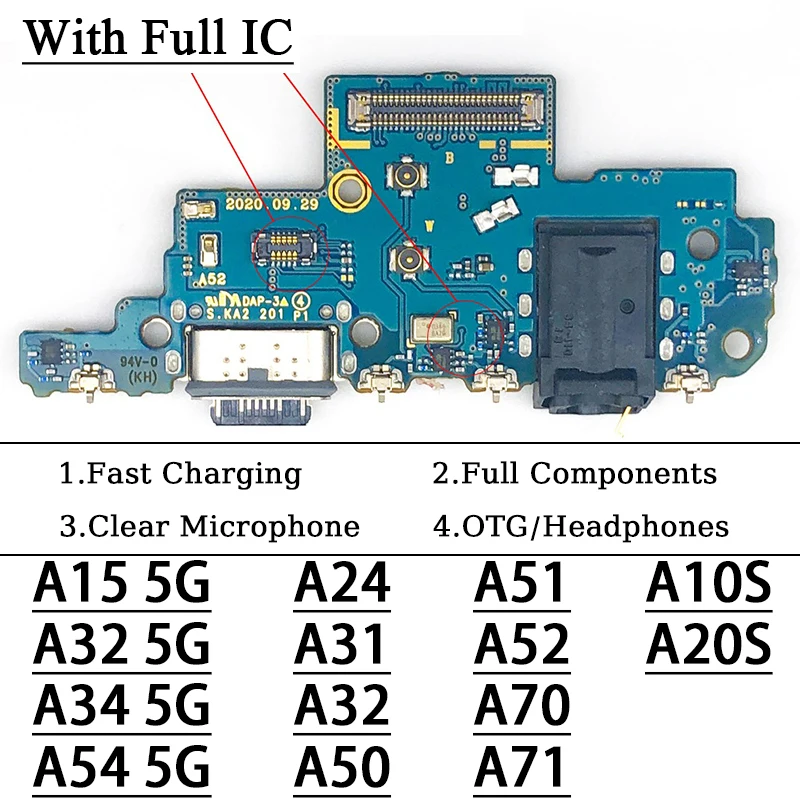 

USB Charging Port Full IC Flex Cable For Samsung A51 A70 A32 A54 A71 A52 A20S A31 A10S A15 A24 Microphone Dock Connector Board