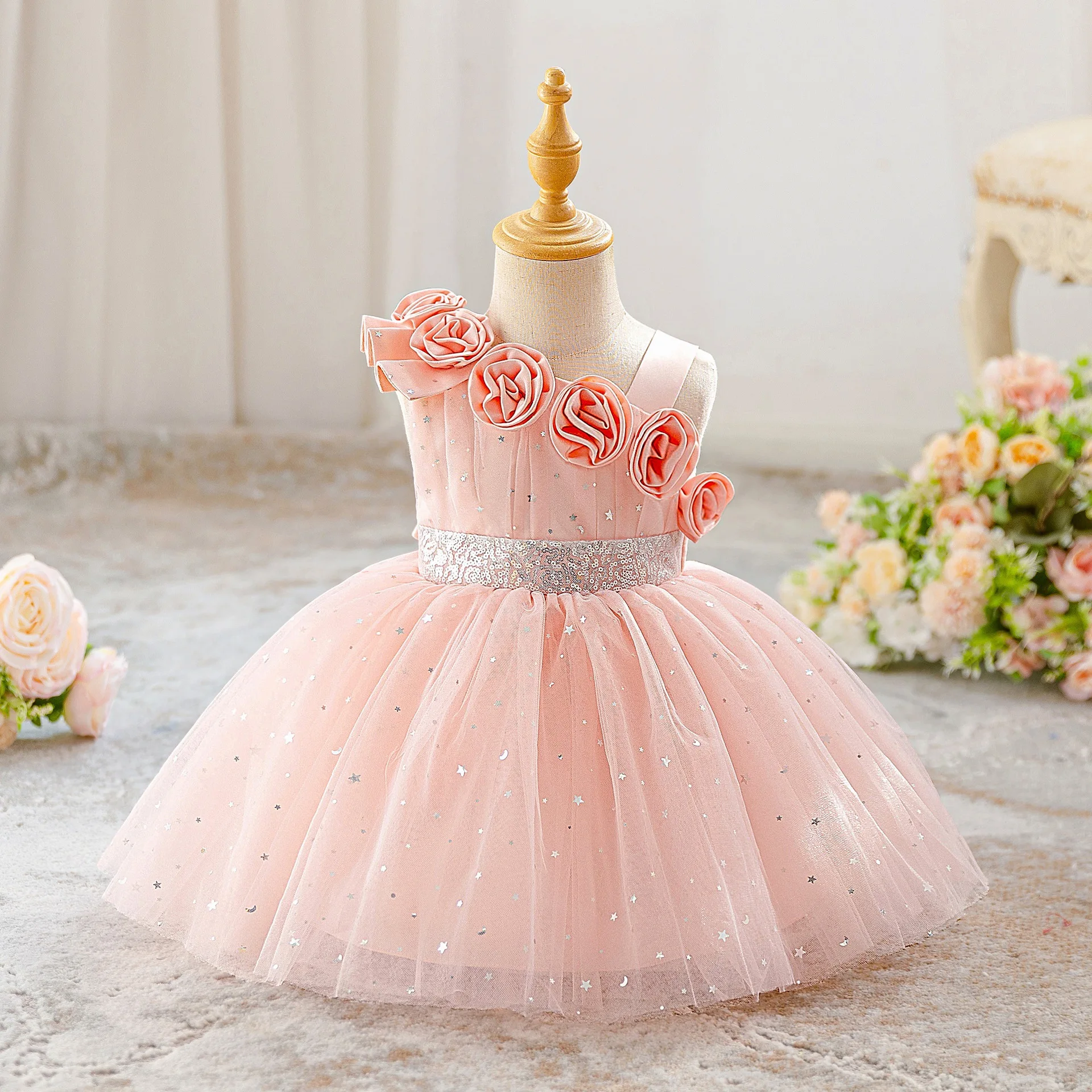 Three dimensional flower slanted shoulder mesh princess skirt mesh breathable dress