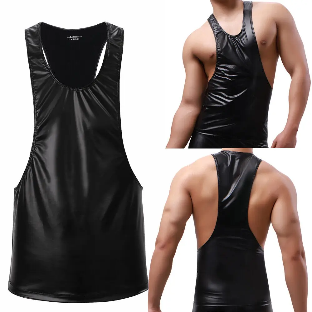 Men\'s Sexy Faux Leather Tank Tops Undershirts Sexy Muscle Sleeveless T-shirts PU Leather Vests Nightclub Stage Tees Men Clothes