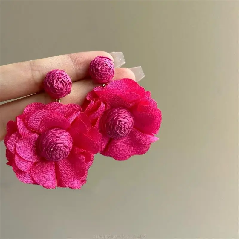 Large Magenta Sweet Camellia Handmade Fabric Resort-Style Earrings For Women Girls Trendy Jewelry Factory Wholesale Price