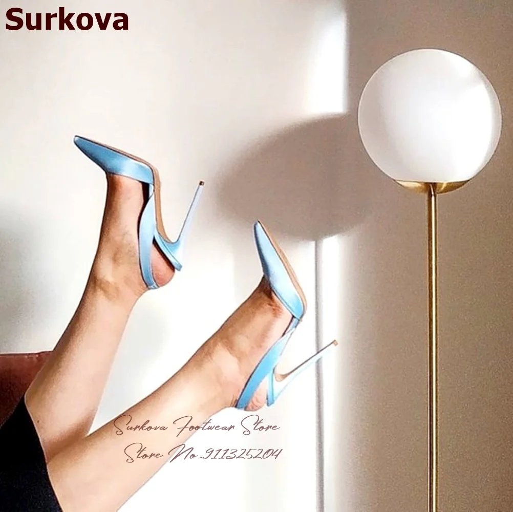 Surkova Turquoise Satin Cloth Slingback Pointed Toe Shoes 12cm 10cm 8cm Stiletto Heel Shallow Dress Pumps Evening Footwear