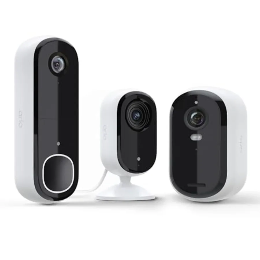 Essential Whole Home Security Bundle Outdoor, Indoor, Video Doorbell Camera 2K Resolution 2nd Gen White Weatherproof Night Visi