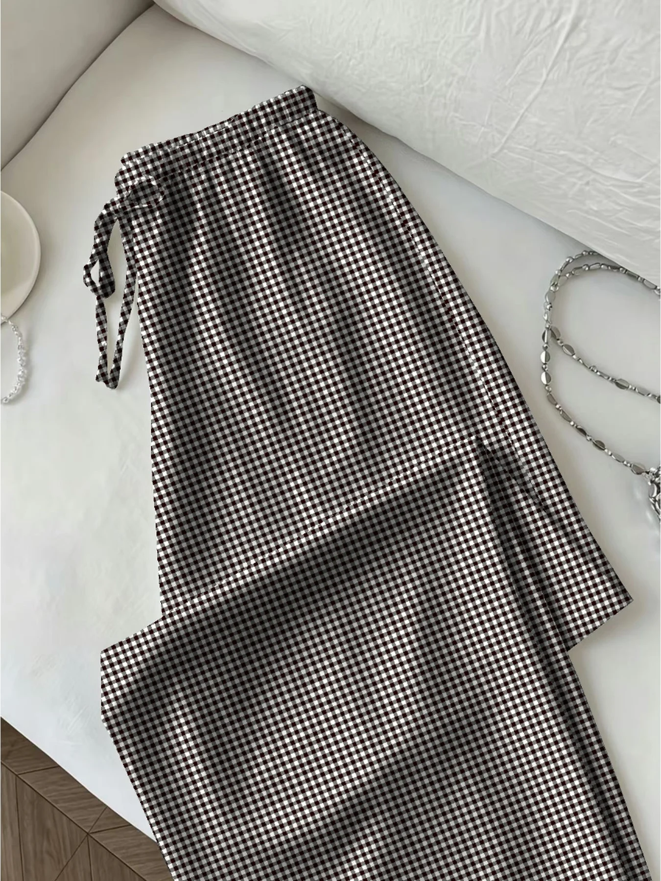 Damen-Hose mit hoher Taille, kariert, Farbblock-Design, tailliert, lässig, bequem, mit Trägern – Detail 4
