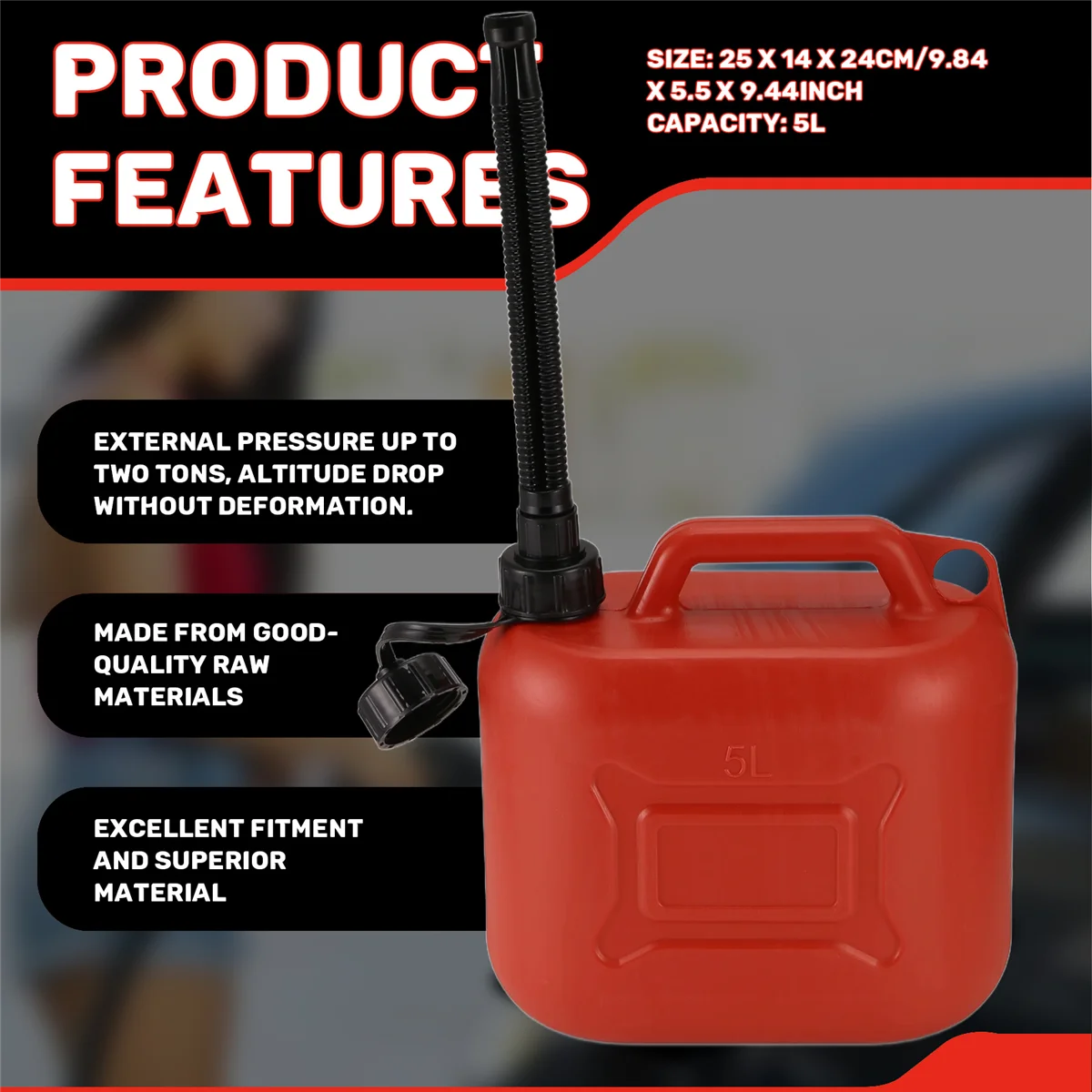 5L Car Fuel Tank Can Spare Plastic Petrol Gas Container Anti-Static Fuel Carrier with Pipe for Car Travel