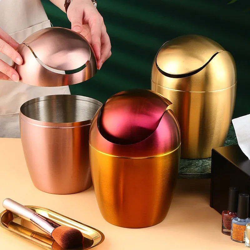 Egg Shaped 304 Stainless Steel Mini Desktop Trash Can Creative Home Office Decor