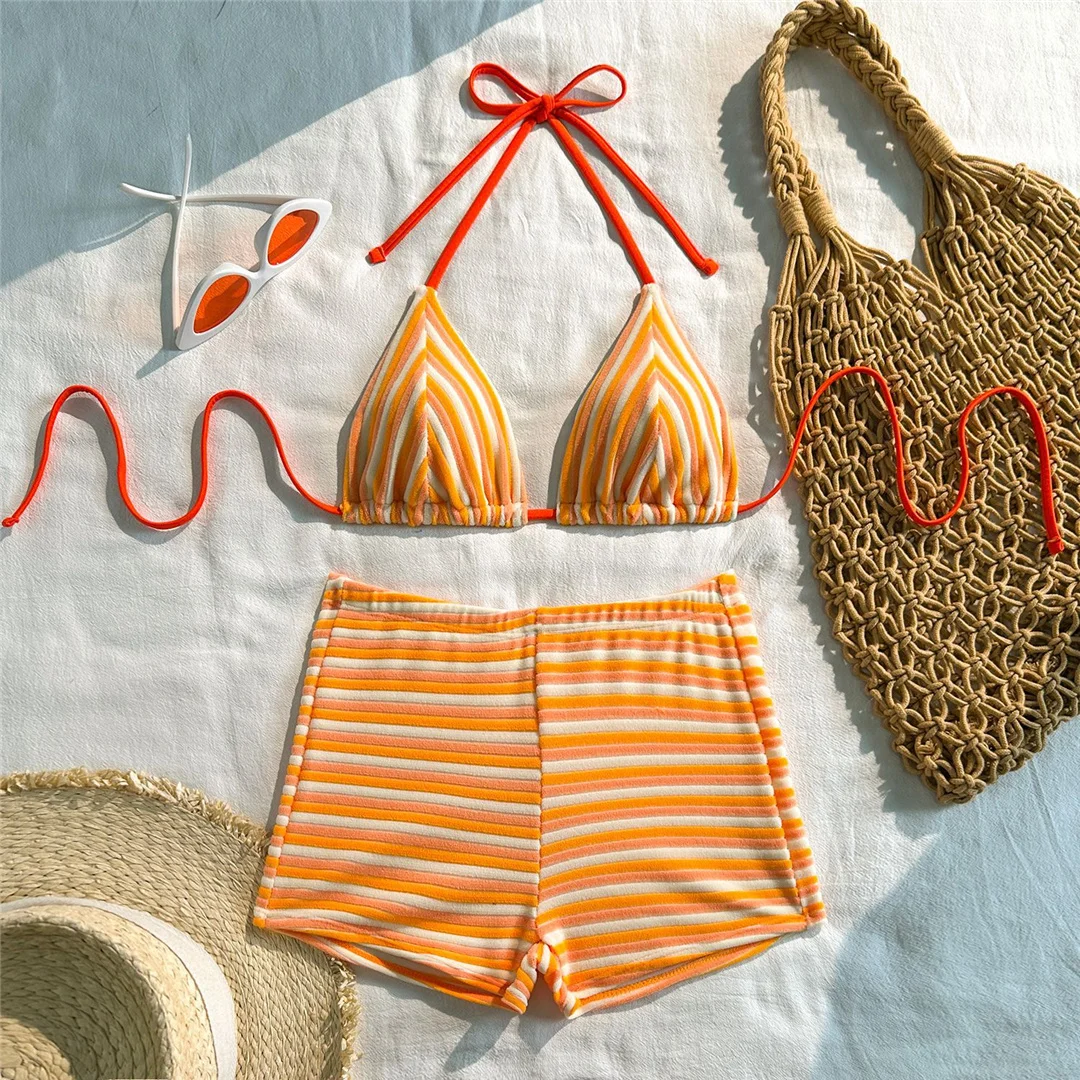 Neuer gestreifter Neckholder-Bikini mit hoher Taille, Damen-Badeanzug, zweiteiliges Bikini-Set mit Shorts, Badebekleidung, Badeanzug, Schwimmanzug V7825 – Detail 20