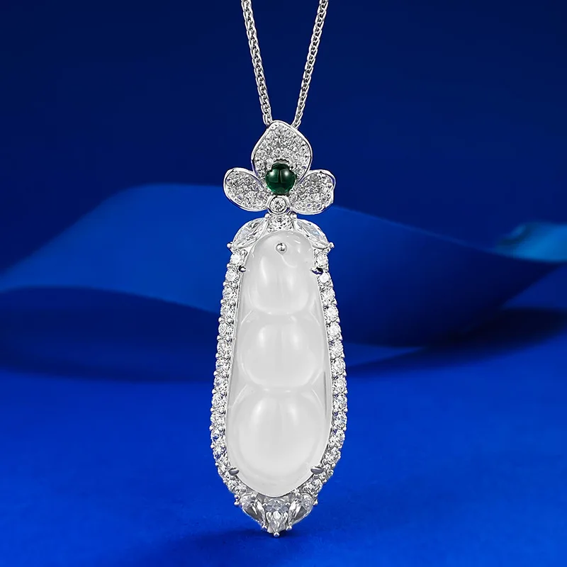 

S925 Silver Inlaid Jade Marrow String Bean Jade Pendant Necklace for Women's Same Style Fudouzi Versatile Sweater Chain