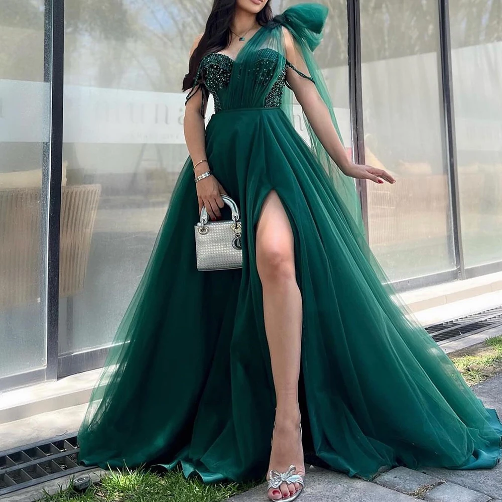 

Crystal Panel Train A-Line Front Slit Floor Length Spratless Exquisite Evening Dresses Custom Size One Shoulder Tulle Sleeveless