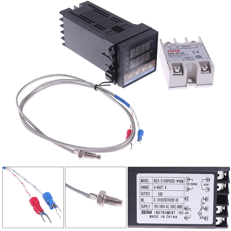 100-240VAC PID REX-C100 متحكم في درجة الحرارة SSR-40A الحرارية