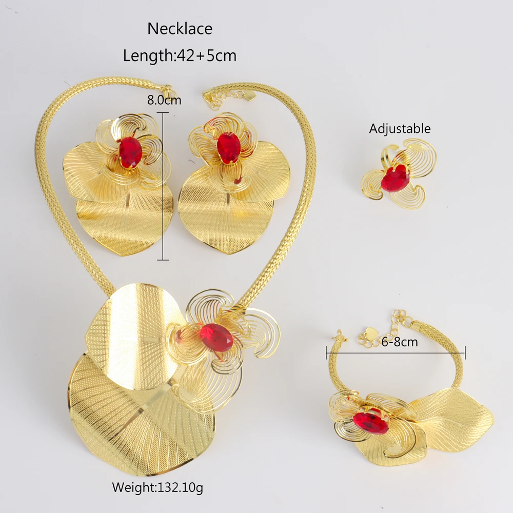 YM Afrian Gold Color Necklace Earrings Bracelet Rings 4 Pcs Set For women Fashion Red Jewelry Gifts Valentine's Day Gift