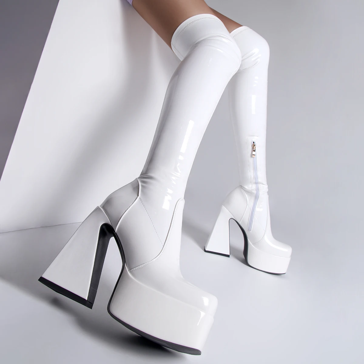 Sexy Boots For Women Shoes Fashion Platform High Heels Zipper Square Toe Women\'s Shoes Black White Ladies Shoes Over Knee Boots