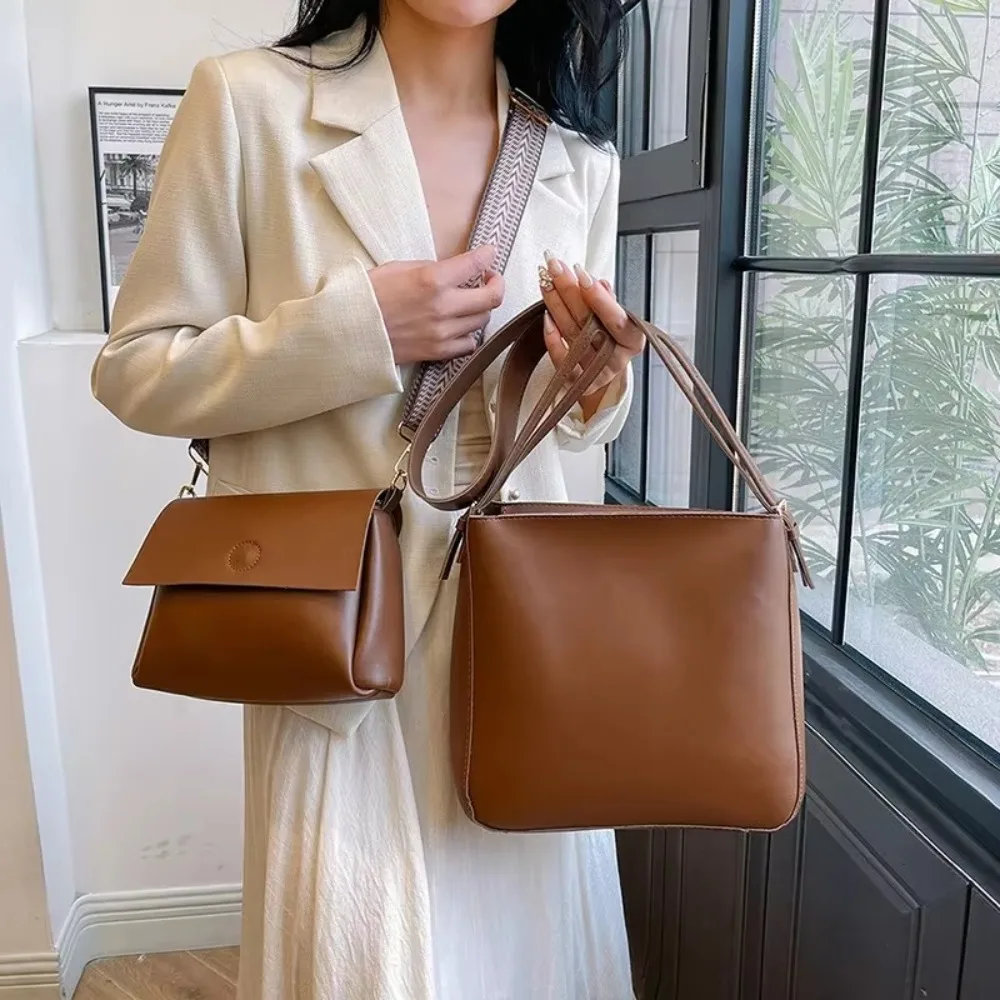 

Retro Large Capacity Tote Bag PU Leather Solid Color Crossbody Bag Durable [Buy 1 Free 1 Sling Bag] Shoulder Bag