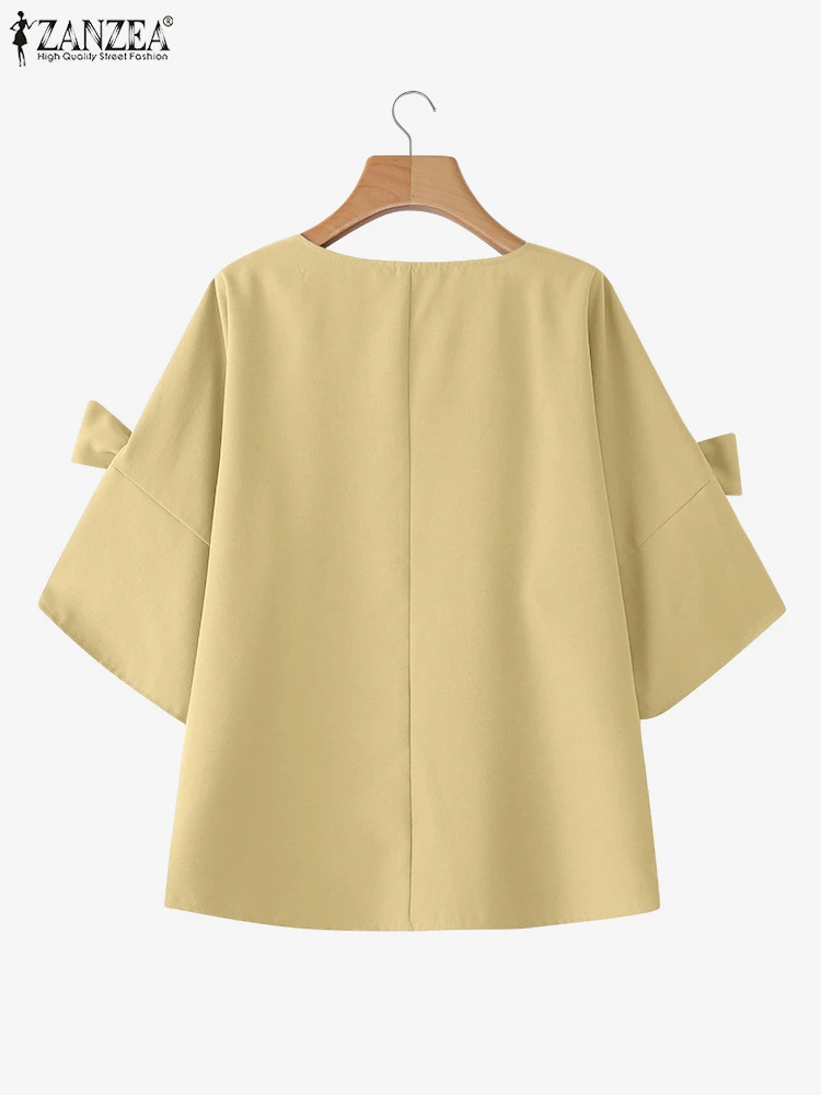 ZANZEA-Tops elegantes para mujer, blusa con lazo, informal, holgado, con cuello en V, Túnica de trabajo OL, moda 2021, Blusas de media manga de Color sólido para verano