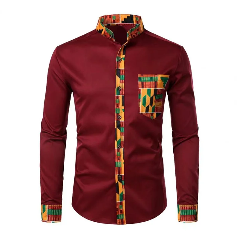 2024 African casual men\'s shirt stand collar digital printing long sleeve floral shirt men\'s cardigan top