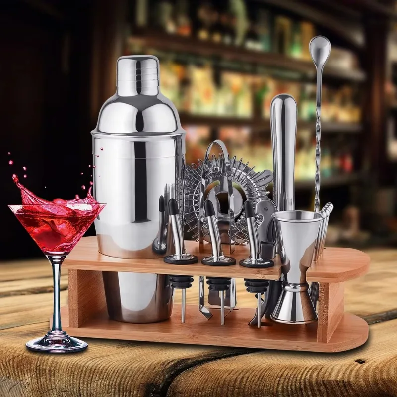 

Bamboo Wood Stand Frame Bar Tools Bartender Kit 700ml Stainless Steel Cocktail Shaker Wine Set with Stand