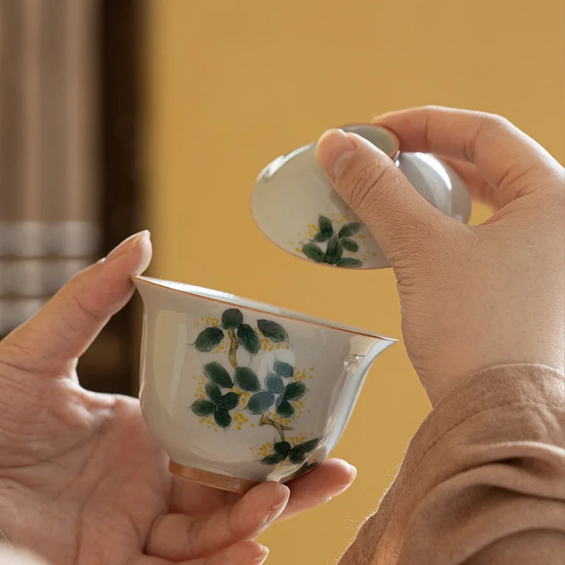 Antique Green Hand Painted Osmanthus Two Cover Bowl Teacup Single Cover Bowl Ceramic Kung Fu Tea Set Not Hot Tea Bowl