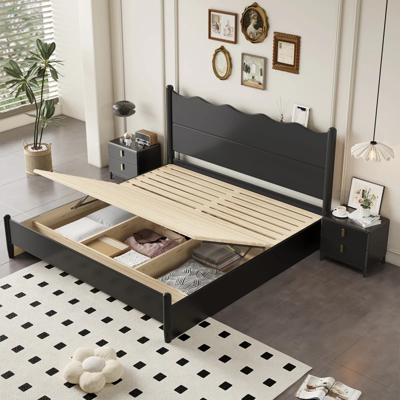 Ltalian Style Fashionable 180x200cm Bed Master Bedroom Solid Wood Black Simple Double Bed Storage Confortable Lit Home Furniture image 3