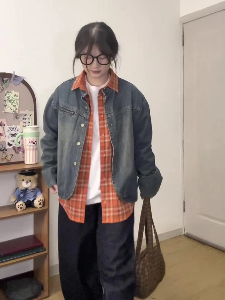 

Ретро-куртка из американского денима для женщин, весенне-осенняя, тонкая, свободного кроя, в рабочем стиле, прямого силуэта, стандартного размера, с длинными рукавами