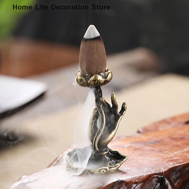 Retro Reines Kupfer Rückfluss-Räucherstäbchenhalter Buddha Hand Lotus Messing Räucherstäbchenständer Zen Teezeremonie Tischdekoration