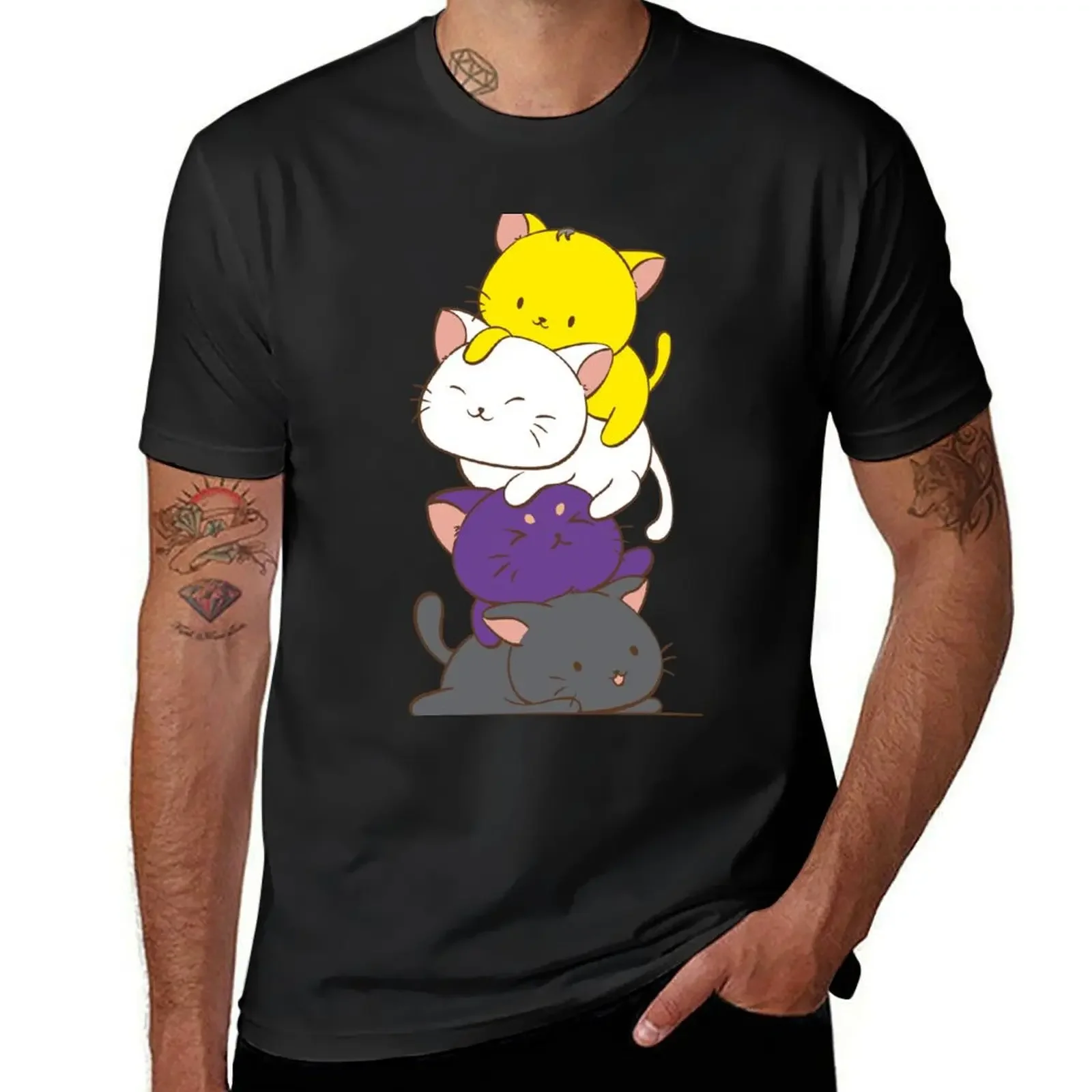 Camiseta de manga corta de gatito no binario para Enby, ropa en blanco, Bandera de orgullo Kawaii, gatos lindos, LGBTQ