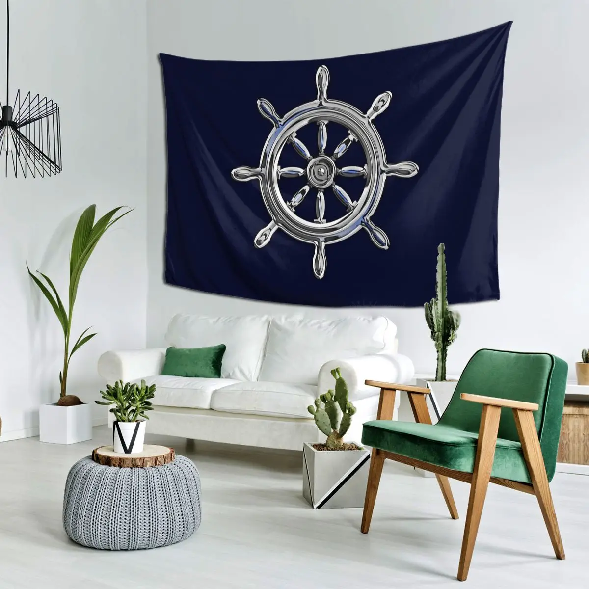 Chrome Style Nautical Wheel Applique Tapestry Art Wall Hanging Aesthetic Home Decoration Tapestries for Living Room Bedroom