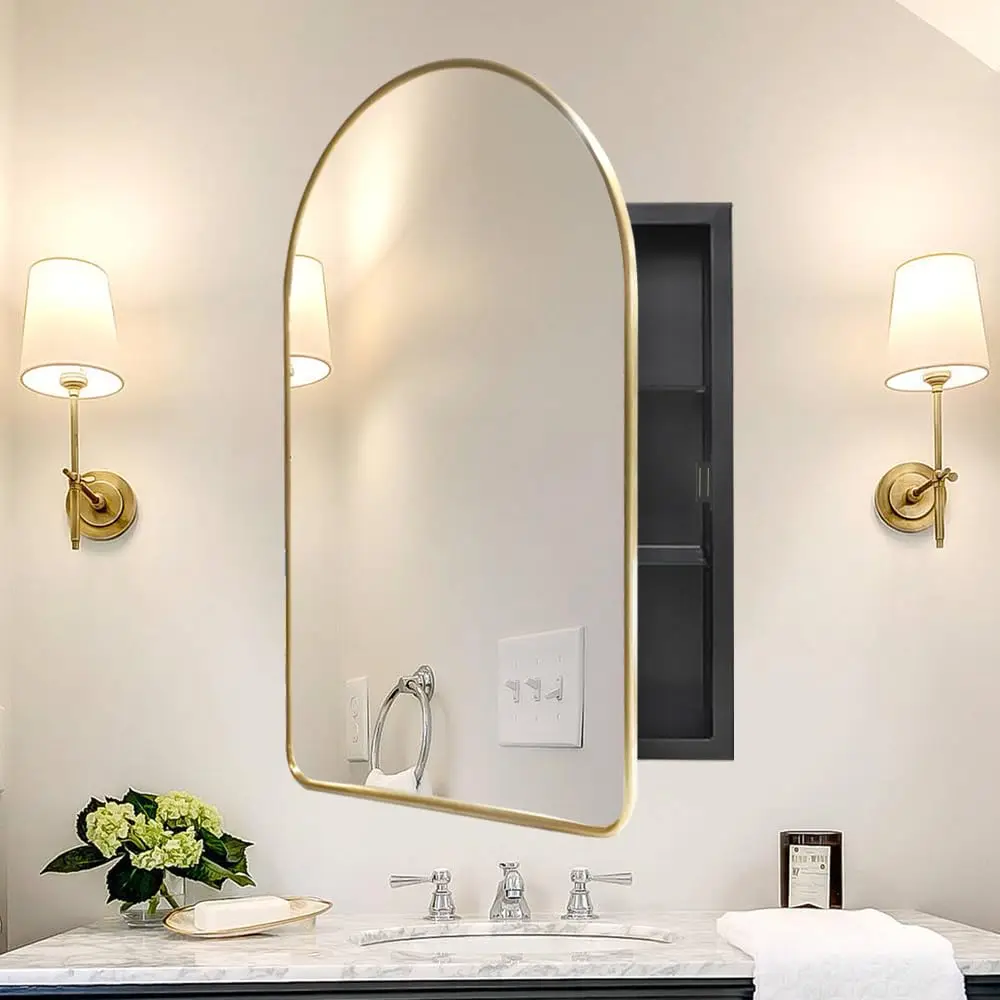 Arched Medicine Cabinet with Mirror,Recessed Medicine Cabinet Mirror,Gold Bathroom Arch Mirror Cabinet,Metal Framed, Custom