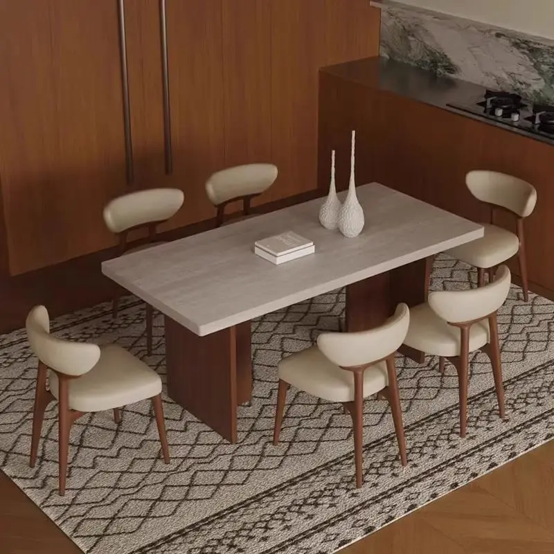 

French travertine slate dining table rectangular household dining table and chairs small apartment retro dining table simple