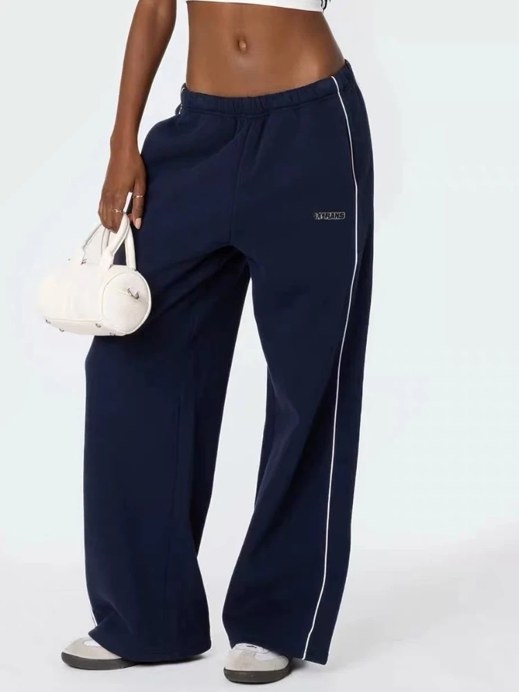 HOUZHOU Casual Baggy Women Sports Pants Gray Sweatpants Wide Leg Trousers Y2k Basic Straight Letter Embroidery Striped Joggers