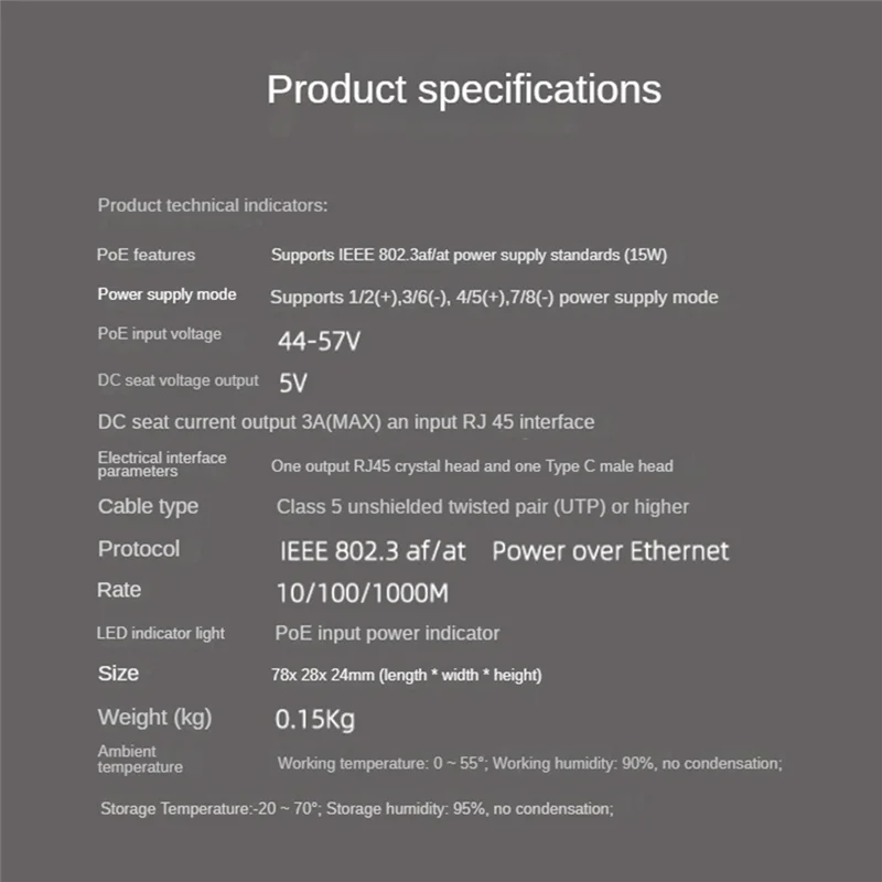 C타입 이더넷을 통한 기가비트 POE 분배기, 시스코, 화웨이, IP 카메라, 라즈베리 파이 4 용, 5V3A, 1000Mbps