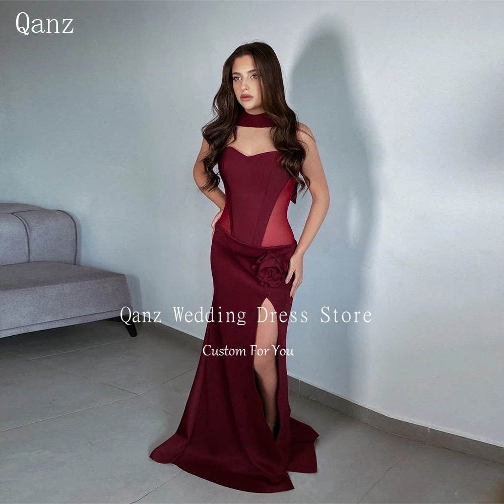 

Qanz Burgundy Sexy Wedding Party Dress Mermaid High Slit Evening Dresses Lace Up Back Illusion Vestidos De Fiesta Customized