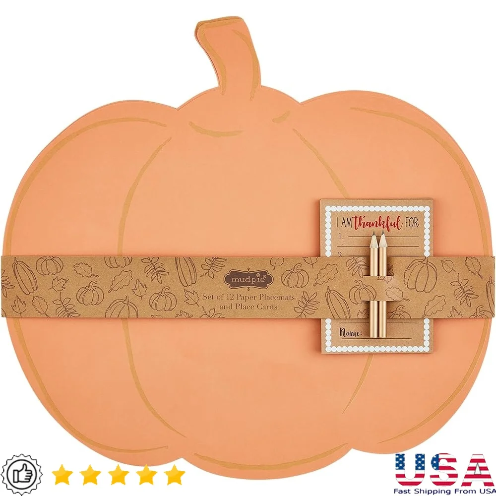 Juego de tarjetas de mantel individual de Acción de Gracias, 12 manteles individuales de papel de calabaza, 12 tarjetas Kraft rellenables, 4 Mini lápices, decoración de mesa navideña