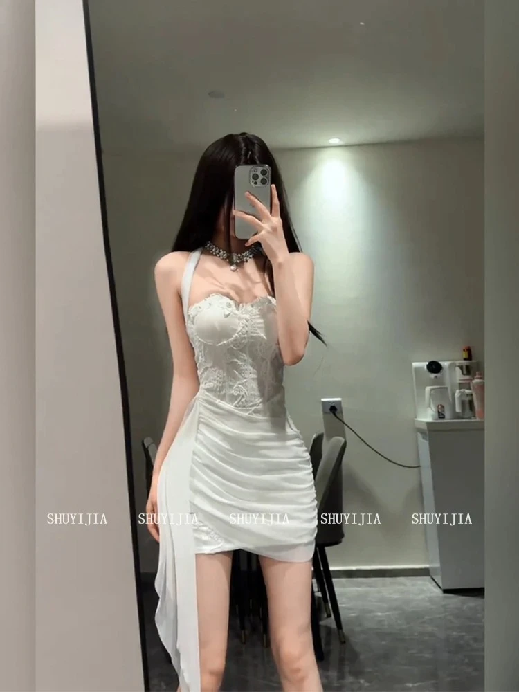 

Sweet Beautiful Woman Pleated High Waist Slimming Short Dresses Slightly Fat Girls French Pure Desire Wind Neck Sling Mini Dress