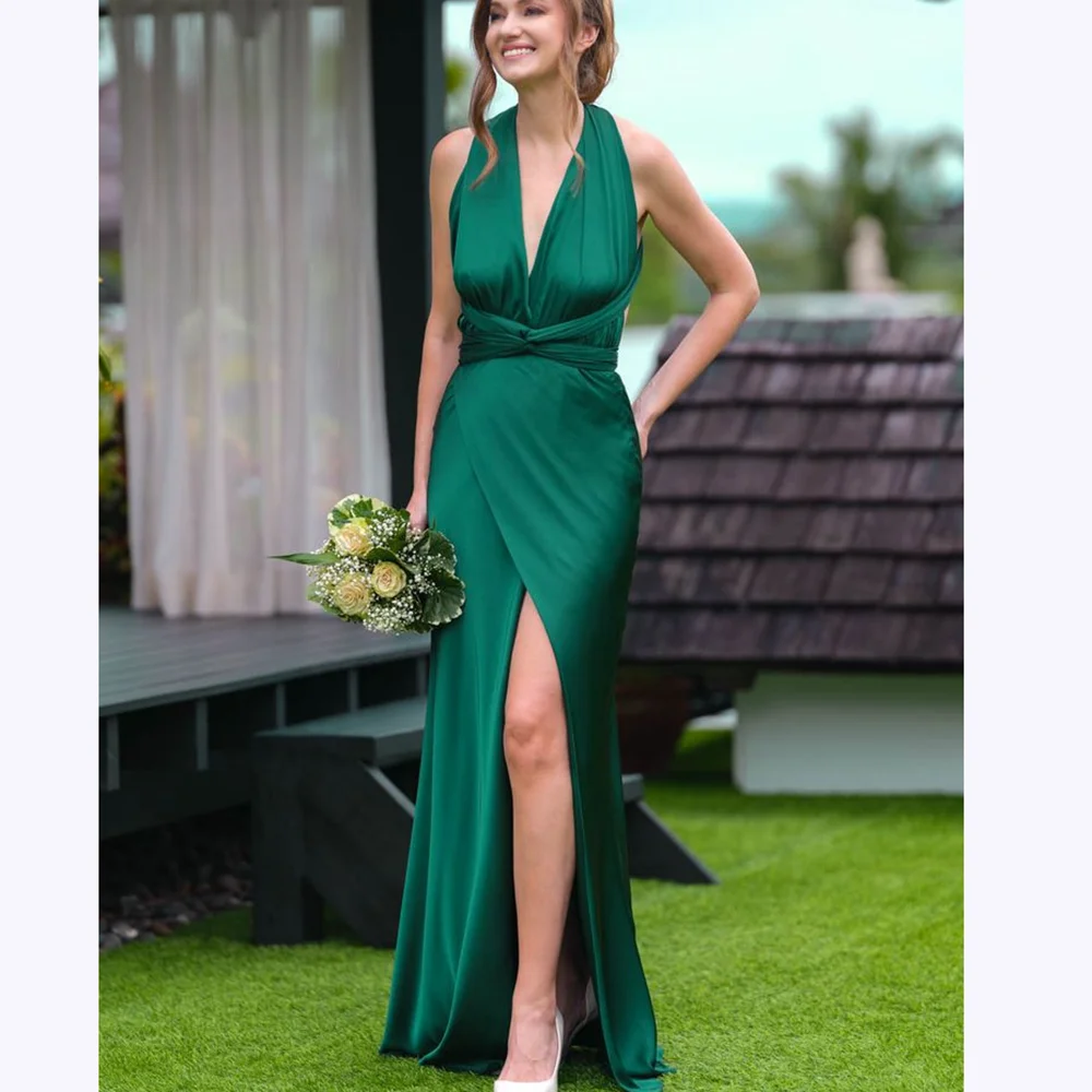 

Green Satin Prom Dresses Backless Criss Cross Halter Sleeveless A Line Side Slit Formal Dress For Special Occasion Customized