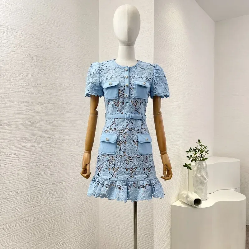 

Elegant High Quality Blue Short Sleeve Dimond Buttons Belt Lace Hollow Embroidery Mini Dress for Women