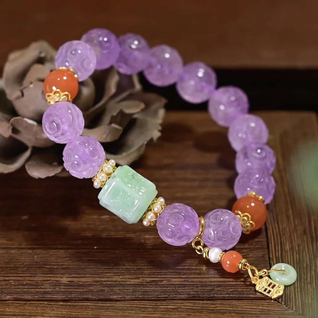 Natural Carved Amethyst Bracelet, A‑Grade Jade Barrel Bead, Red Agate Safety Buckle Pendant Chinese Style Bracelet
