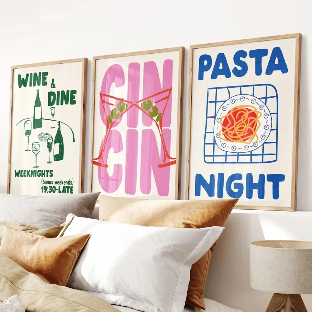 3pcs Trendy Wine Cin Cin Cheers Pasta Night Food Wall Art Prints Canvas Painting Poster Pictures For Kitchen Room Home Decor