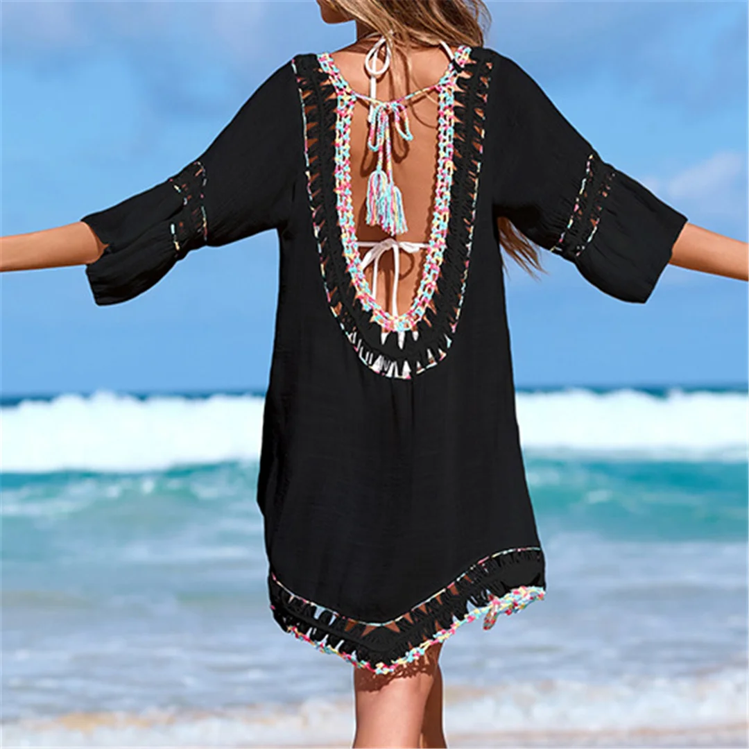 Buntes, halbärmeliges, rückenfreies, gehäkeltes, gestricktes Tunika-Strandkleid, Strandmode, Damen-Strandkleid, Strand-Cover-up, Damen-Cover-ups V7537 – Detail 11