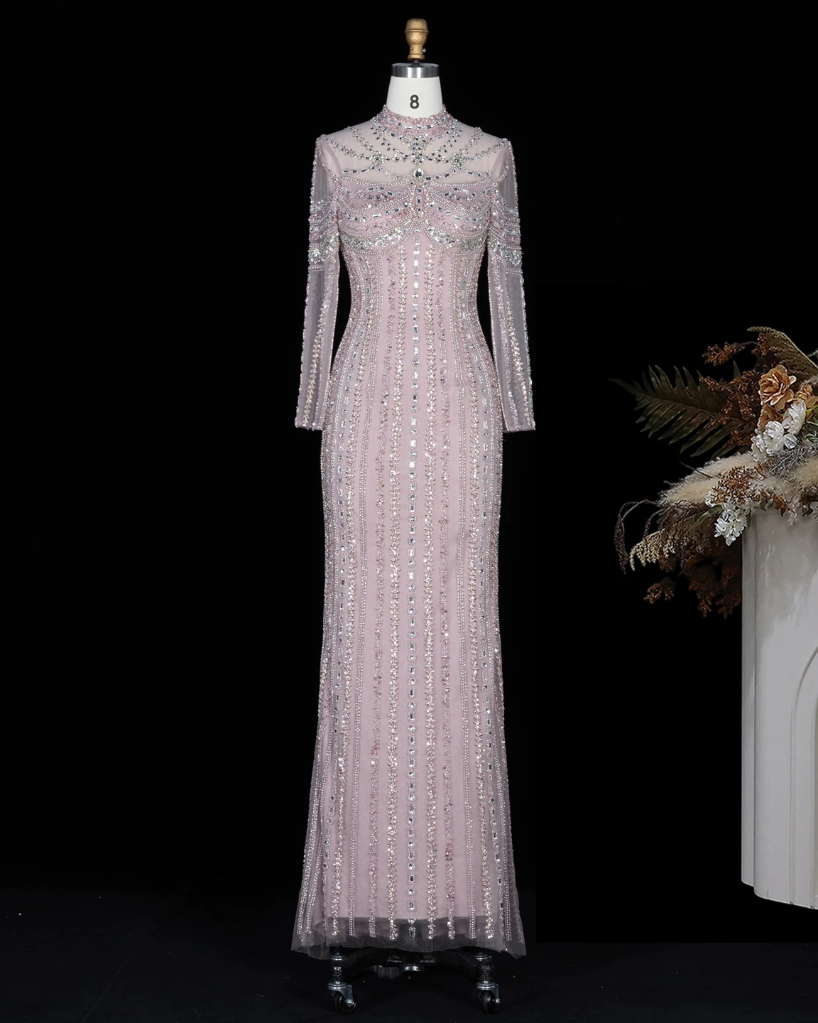 Sharon Said Abendkleid Elegantes Meerjungfrauenkleid mit hohem Halsausschnitt, Tüll, langen Ärmeln, Kristallen, Dubai, formelle Party, Hochzeitskleider SS195, maßgeschneidert – Detail 11