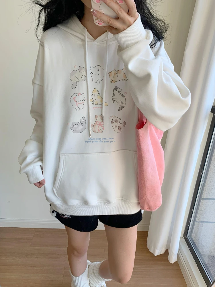 ADAgirl Kawaii Cat Print Hooded Sweatshirt Women Cutecore White Long Sleeve Hoodies Oversize Tops Preppy Style Soft Girl Clothes