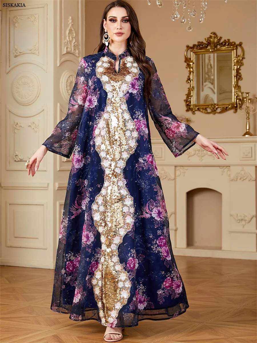 Siskakia Fashion Arab Dubai Embroidered Sequin Floral Pattern Notched V-Neck Mesh Long Dresses Party Loose Moroccan Abayas