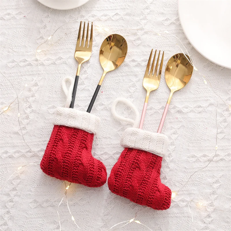 3/5pcs Christmas Knit Socks Candy Fork Spoon Bag Christmas Cutlery Cover Christmas Tree Pendant New Year Home Table Ornament