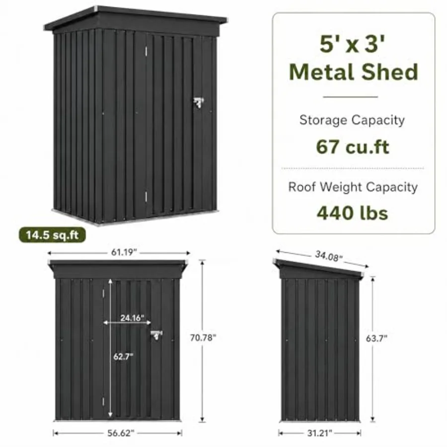 Outdoor storage shed for backyard, patio, lawn: 5x3 FT metal tool shed with sloping roof, lockable door, waterproof design, bla