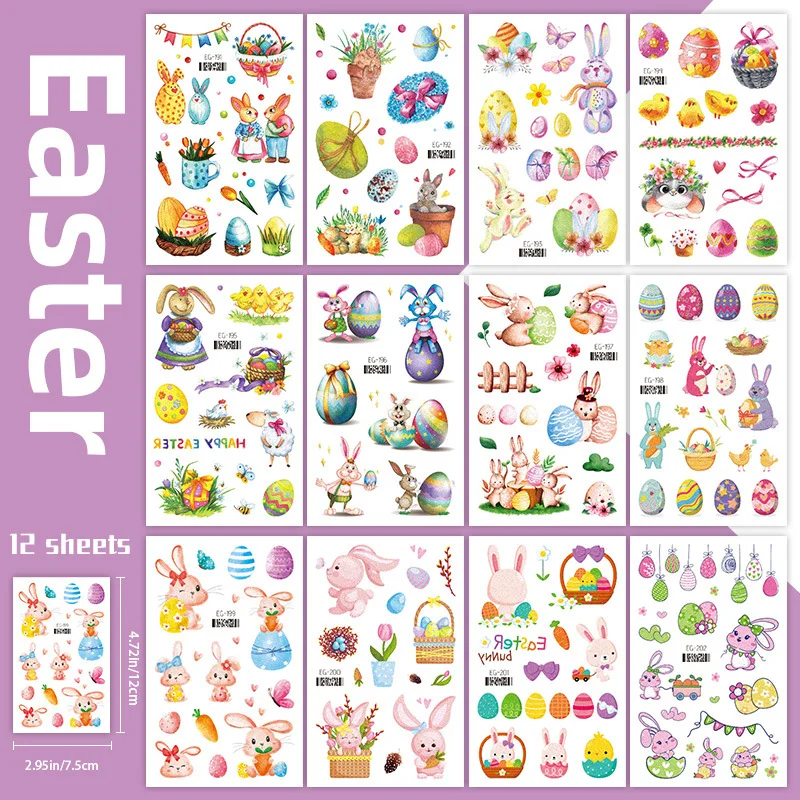 12sheets Happy Easter Temporary Tattoos for Kids Cartoon Bunny Egg Flower Fake Tattoo Stickers Child Birthday party Easter Gift