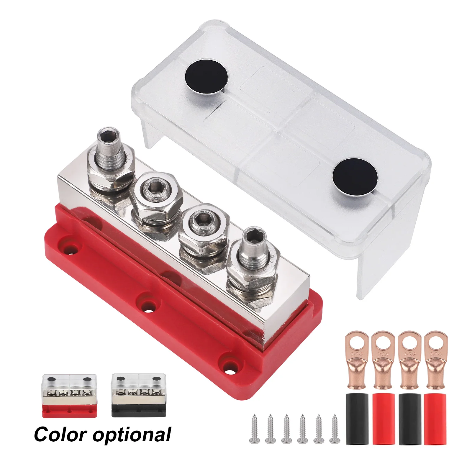

CNSPEED Nickel Plated Cu 600A Bus Bar 4 M10 Studs 3/8 inch 48V Distribution Block For Battery Marine RV Truck Red Black
