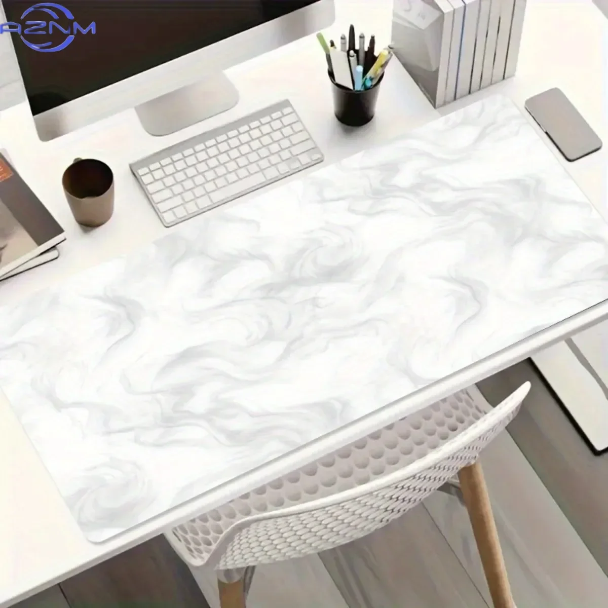 White Grey Liquid Marble Large Desk Mouse Pad, Abstract Swirl Texture Waterproof Non-Slip Minimalist Office Keyboard Decor Mat