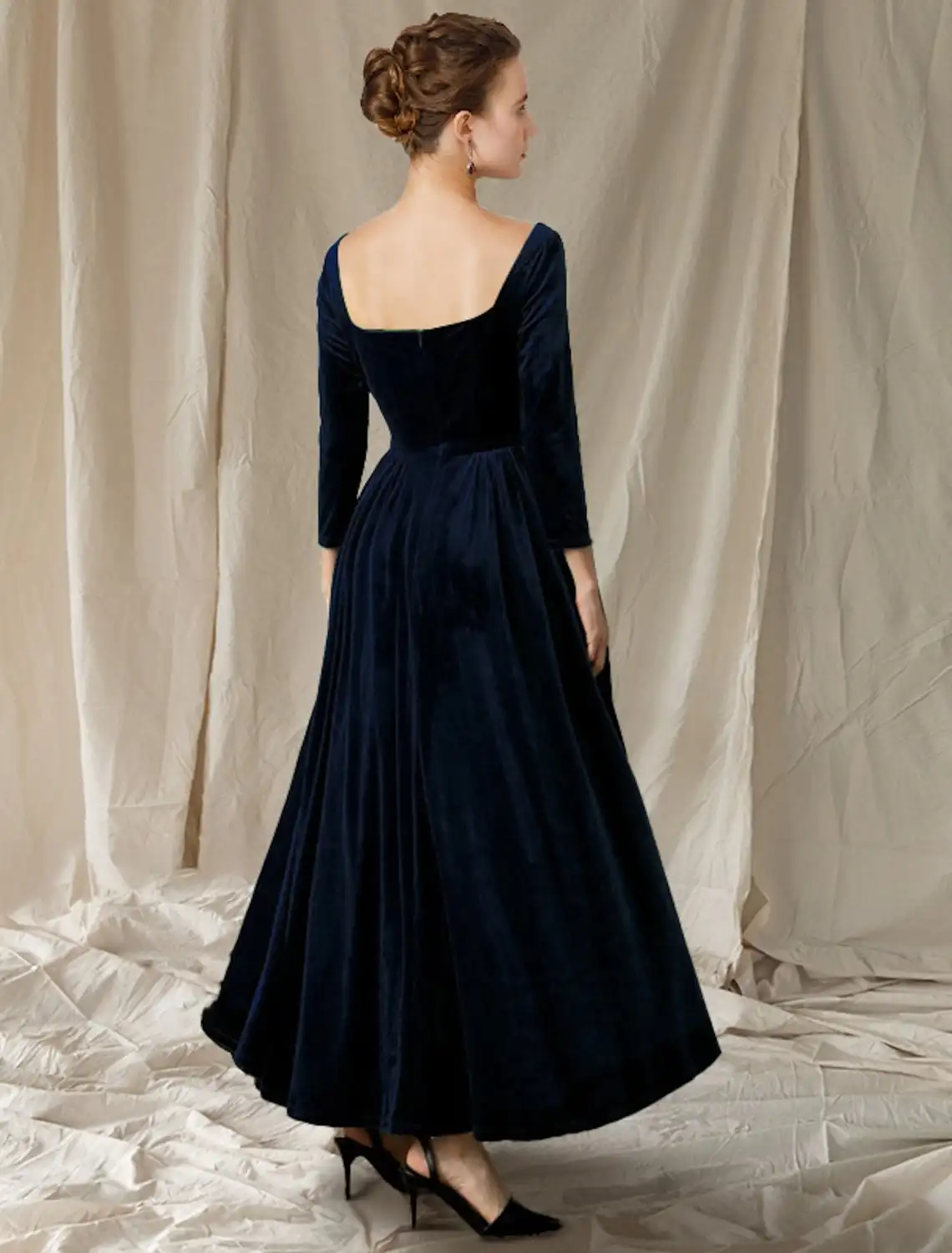 Dark Navy A-line Mother of the Bride Dress 2025 Elegant V Neck Ankle Length Velvet Long Sleeve Wedding Guest Formal Gowns