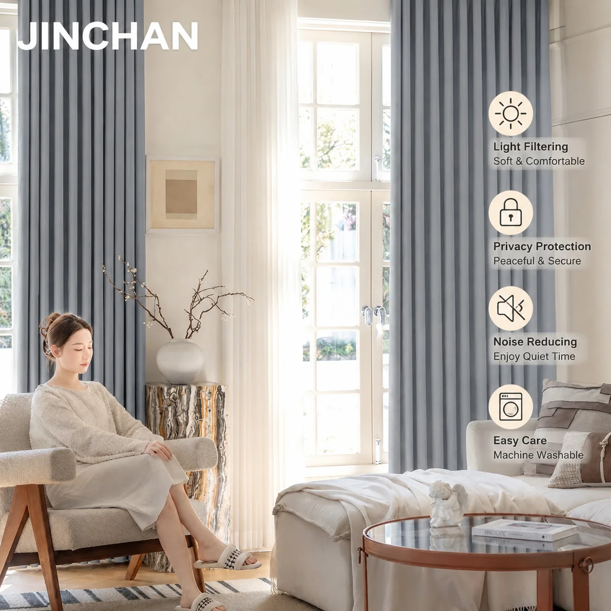 Modern Chenille High Blackout Curtains for Living Room Bedroom Physical Shading No Chemical Coating Heat-Set Shaped Window Drape