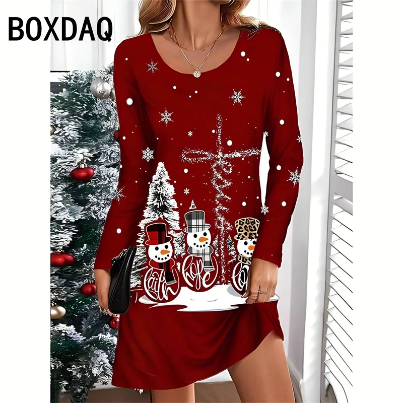 New Year Christmas Party Dress 3D Funny Christmas Snowman Christmas Tree Pattern  Dress Big Size Long Sleeve O-Neck Casual Dress