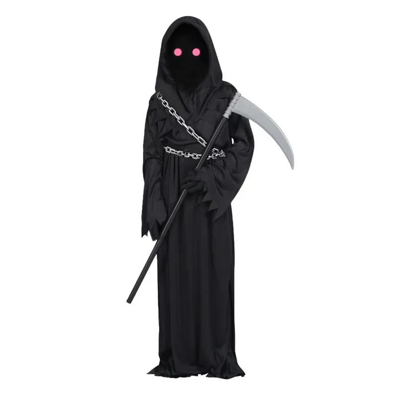 Child Black Red Devil Chain Costume Halloween Red Eye Grim Reaper Horror Play Costume Spooky Cos Robe Sickle Chain Gloves Props